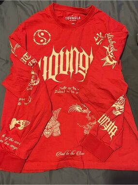 YoungLA Red Long Sleeve Graphic Tee with Cream Prints